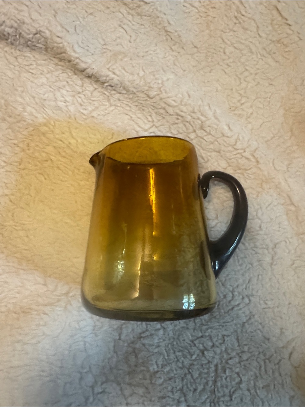 Vintage Amber Glass Pitcher Black Handle Vtg Hand Blown Bubbles 4.5 inches tall